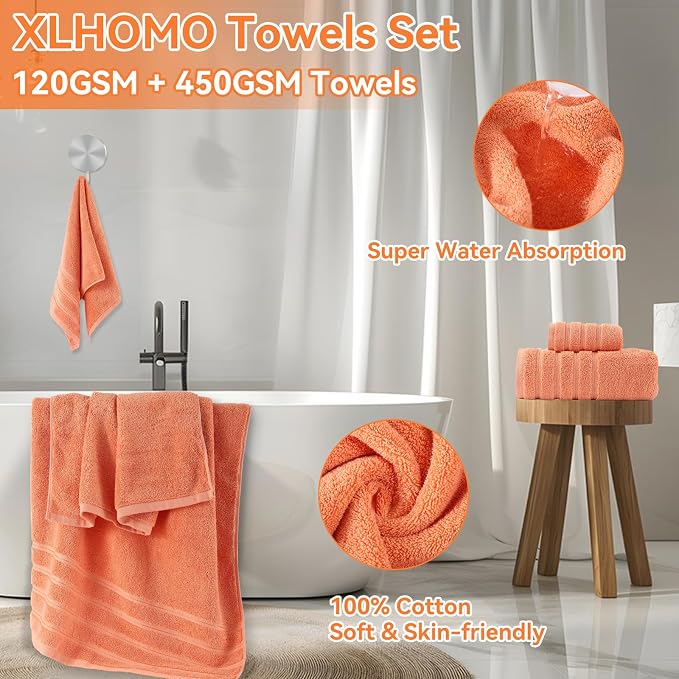 XLHOMO Orange Bathroom Accessories, 24 Pieces Orange and Gold Bathroom Accessories Set with Shower Curtain, Bath Towels, Trash Can, Soap Dispenser and Soap Dish for Bathroom/Housewarming