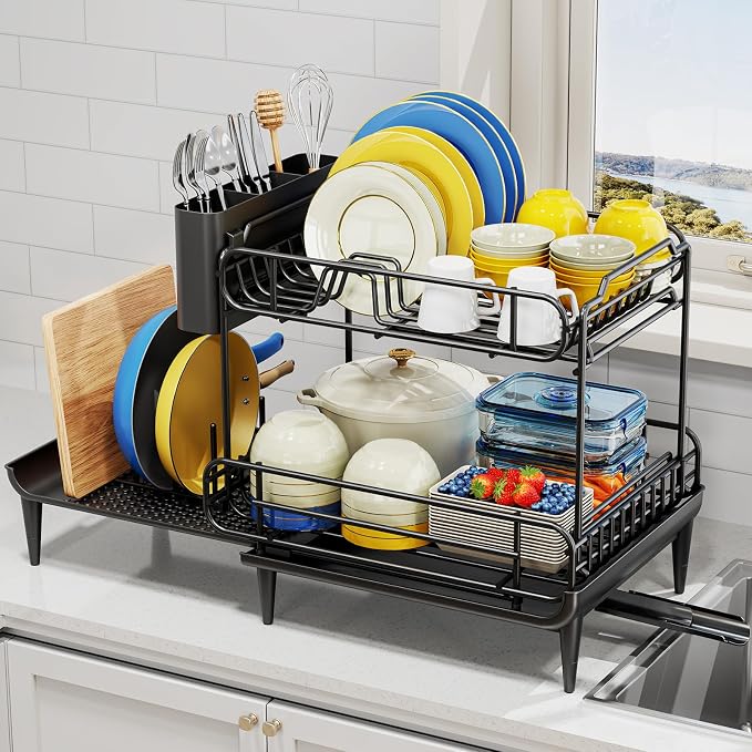 Urackify Dish Drying Rack for Kitchen Counter, Expandable 2 Tier Dish Rack, Large Capacity Dish Drainer with Drainboard Multifunctional Dish Strainer with Removable Cutlery Holder Black | 2 Tier. Expands from 16.9 to 26.6 inches to fit more dishes, wit...
