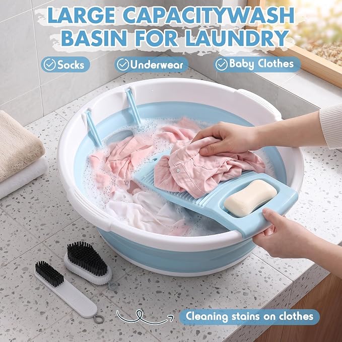 Lounsweer Large Collapsible Washboard Basin for Hand Washing Clothes with 2 Cleaning Brushes Portable Folding Laundry Tub with Non-Slip Washtub for Home Travel Camping (Blue)