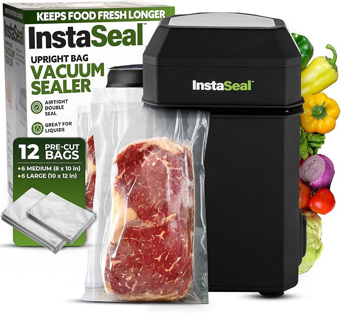 InstaSeal Vacuum Sealer for Food with 12 Bags | Preserves Foods 5x Longer, Space Saving Compact Upright Design Allows Machine to Heat Seal Marinades, Meats, Marinades