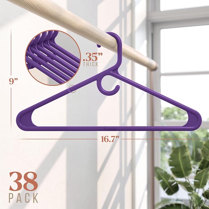 NEATERIZE Thick Heavy Duty Hangers - Purple Plastic Clothes Hangers 38 Pack - Great for Coat Hanger, Jackets Jeans & Suit Hanger for Closet, New Apartment Essentials Percheros Ganchos para Colgar Ropa