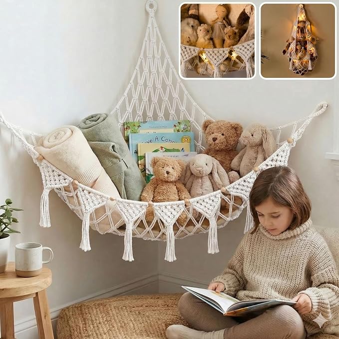 TIDYTEDS XL Stuffed Animal Hammock – Handcrafted Corner Net, 4mm Double Macrame Cord, 100% Natural Cotton Plushie Holder with LED Light (Pure White)