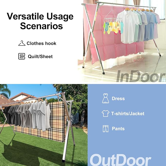 94.5in Premium Stainless Steel Clothes Drying Racks, Foldable and Adjustable Laundry Drying Rack Clothing for Indoor Outdoor (94.5" D x 28.4" W x 50.4" H)