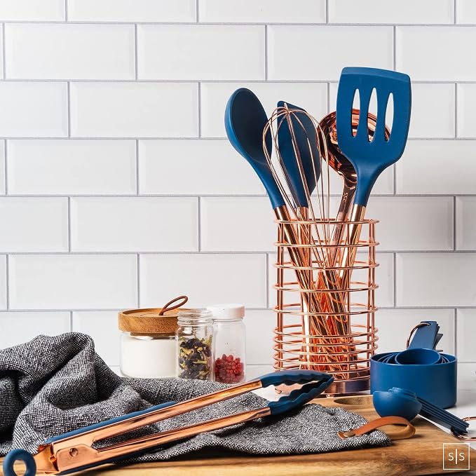 Copper and Blue Silicone Cooking Utensils Set - 17-Piece Set with Copper Utensil Holder and Measuring Cups and Spoons for Stylish Cooking and Baking - Blue Kitchen Decor, Unique Kitchen Gifts