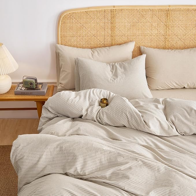 Wake In Cloud - Striped Cotton Duvet Cover Set, 100% Washed Cotton Textured Bedding Set, Ticking Stripe Pinstripe Farmhouse, 3 Pieces, Tan, Queen Size