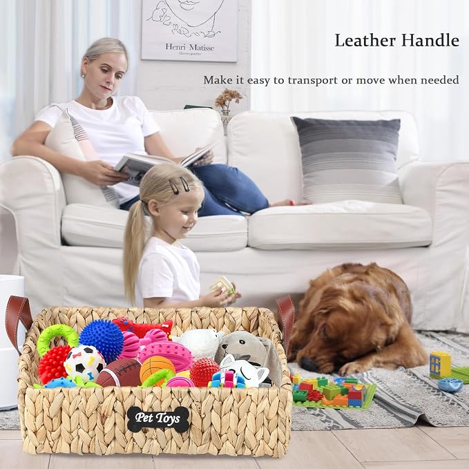 Trapezoid Pet Dog Toy Basket,Medium Dog Toy Bin,Wicker Storage Basket for Dog Cat Toys,Dog Storage Organizer for Leash Blanket Toys Snacks -Natural Farmhouse Water Hyacinth