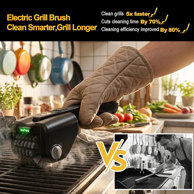 Electric Grill Brush for Outdoor Grill, 4000mAh Dual Speed Motorized BBQ Cleaner, Cordless Rechargeable with LED Light, No Shedding 304 Stainless Steel, Replaceable Head, Gifts for Men Dad