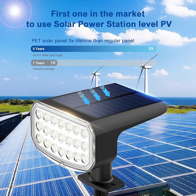JEJOT Solar Spotlights Outdoor Waterproof with Focus Beam, 2 Pack | Solar Spot Lights, 2 Lighting Modes, Solar Lights for Yard Garden Lawn Landscape Pathway, Warm White