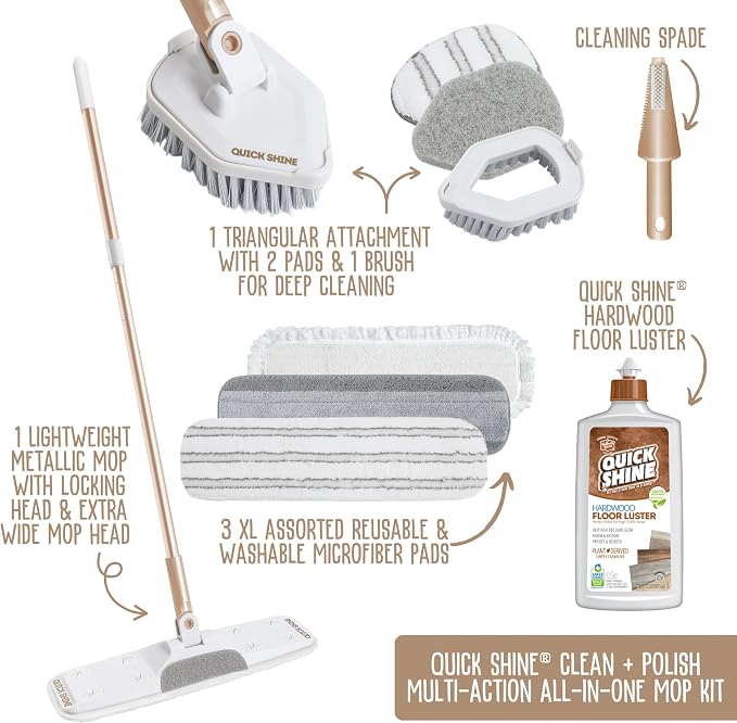 Quick Shine Ultimate Gold Clean + Polish Mop Kit, 10 Pc Set w/Interchangeable Attachments | Floor Luster Included | 2-in-1 Pro Cleaning w/ Microfiber Pads for Hardwood Floors | No Batteries Needed
