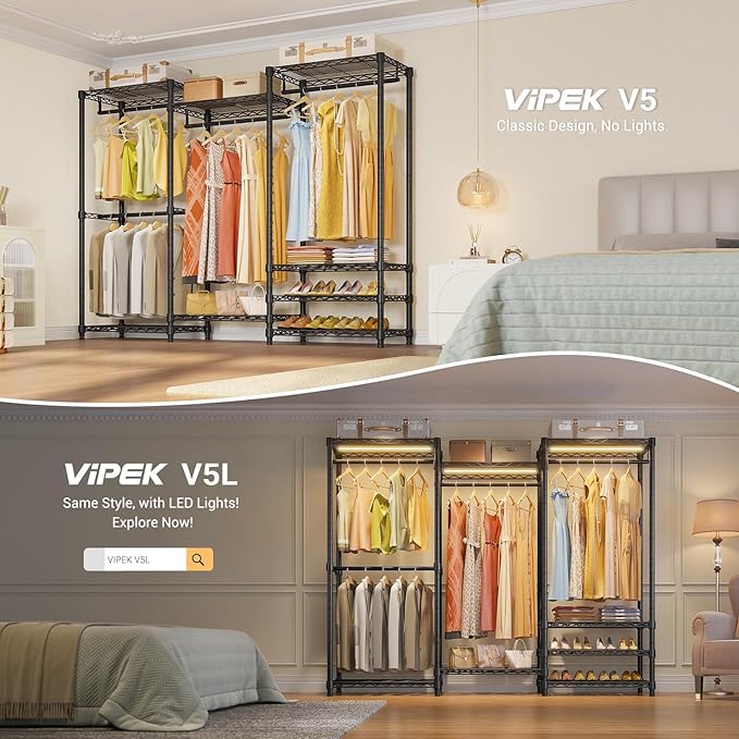 VIPEK V5 Heavy Duty Clothes Rack, Portable Closet Wardrobe with 4 Hanging Rods & 8 Shelves, Freestanding Adjustable Garment Rack for Bedroom, Walk-in Closet, 890 lbs Capacity, Black, 68.9" L