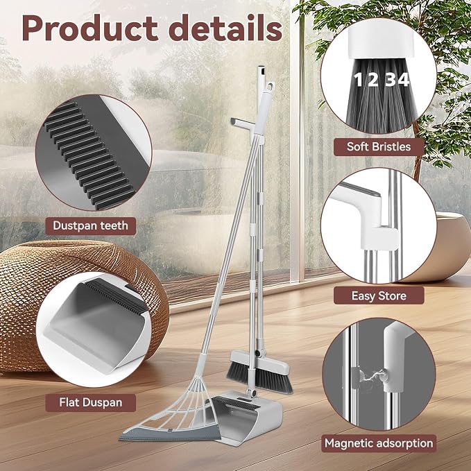 SZZJKJ Broom with Dustpan Combo Set, Silicone Long Handle Broom Dustpan, Floor Scrub Brush - Cleaning Broom 4 in 1 (White)