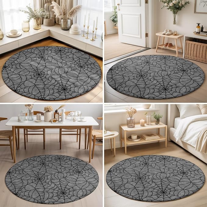 Round Area Rug 6', Grey Halloween Washable Area Rugs for Living Room Kitchen Bedroom Nursery Dining Room, Black Spiders Net Classic Gingham Non Slip Door Mat Indoor Floor Throw Circle Carpet