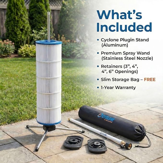CYCLONE FILTER CLEANER – Patented Hose-Powered Spinning Pool Cartridge Filter Cleaning Tool with Stand & Spray Wand – Cleans 5X Faster – Fits 3”, 4”, 6” ID Filters