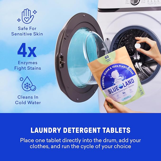 BLUELAND Laundry Essentials Kit, Spring Bloom - Plastic-Free Laundry Detergent Tablets, Oxi Booster, and Reuseable Natural Wool Dryer Balls