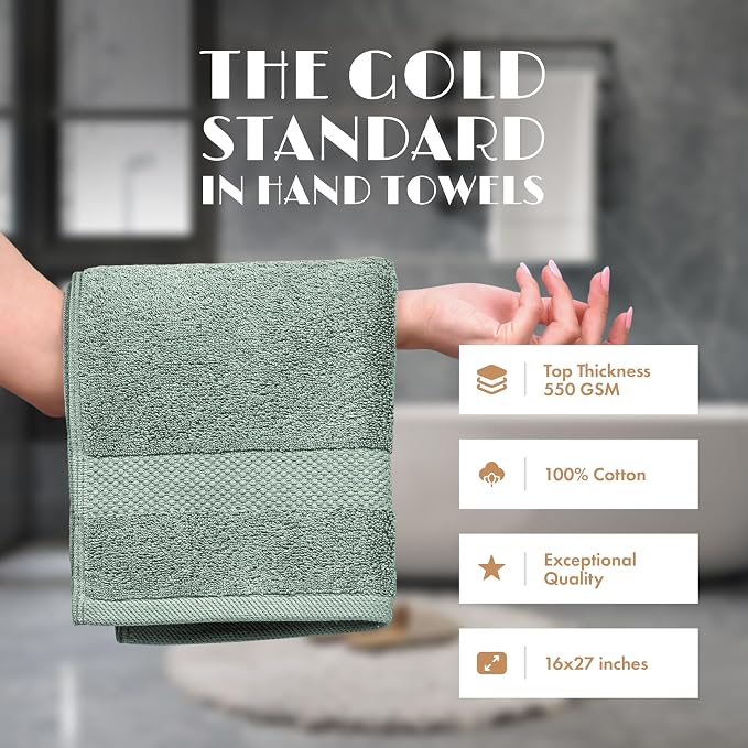White Classic Green Hand Towels for Bathroom [6 Pack] Cotton Hand Towel Bulk for Gym, Kitchen and Spa, 16x27 Inches Soft Highly Absorbent Quick Dry Terry Salon Towels