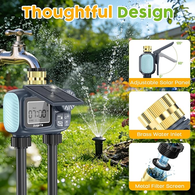 Solar Sprinkler Timer,Brass Inlet Hose Timer for Garden Hose,Programmable Water Timers,Plant Watering Devices,Garden Watering System, Rain Delay/Manual/Automatic Irrigation System, 2 Outlet
