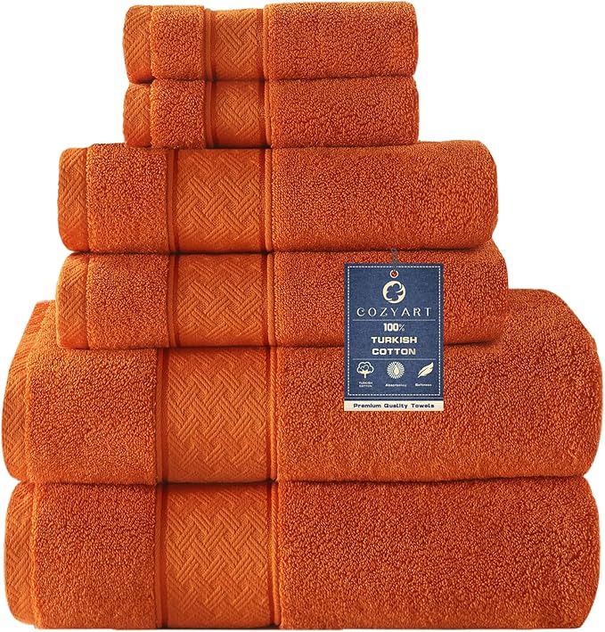 COZYART Bath Towel Set 6 PCS, Orange Luxury 100% Turkish Cotton 650GSM | Soft Absorbent Quick Dry, OEKO‑Tex 100 Cert. Zero Twist Ring Spun Cotton, Plush Fluffy, Breathable Hotel Quality Towels Set