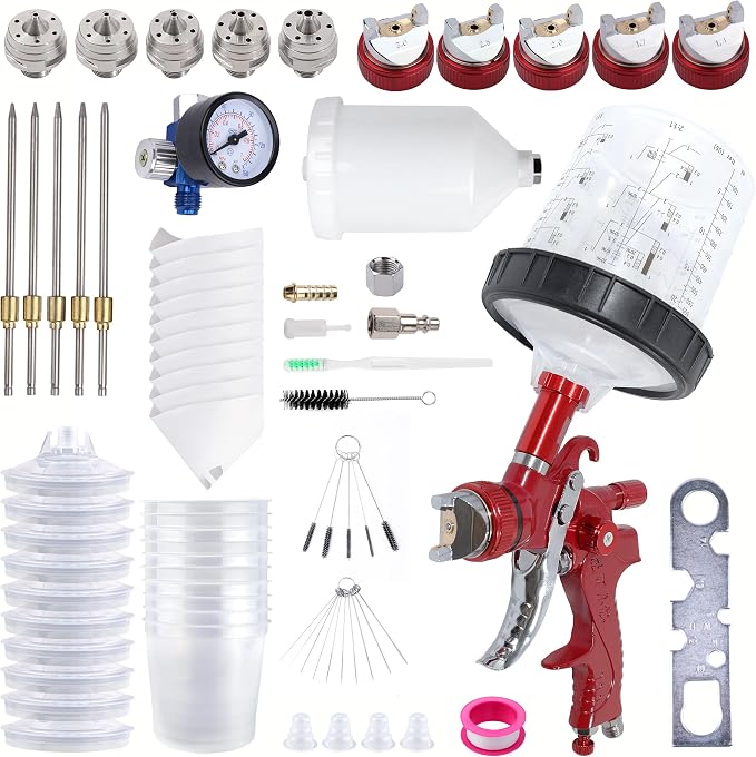 HVLP Spray Gun Kit with 10 Disposable 600ML Paint Cups & 5 Nozzles | 1.4/1.7/2.0/2.5/3.0mm Nozzles Gravity Feed Spray Gun & Disposable Paint Cups for Auto Painting, Primer (Red Wine)