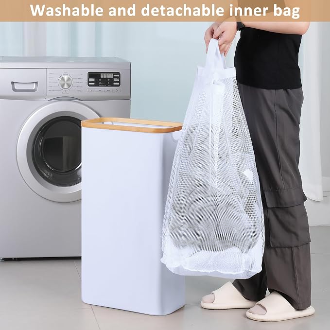 iEGrow 60L Slim Laundry Hamper, Narrow Laundry Basket with Lid,Foldable Clothes Hamper with Bamboo Handles,Hamper Basket with Removable Inner Bag for Laundry Room Bedroom College Dorm,15.85 Gals White