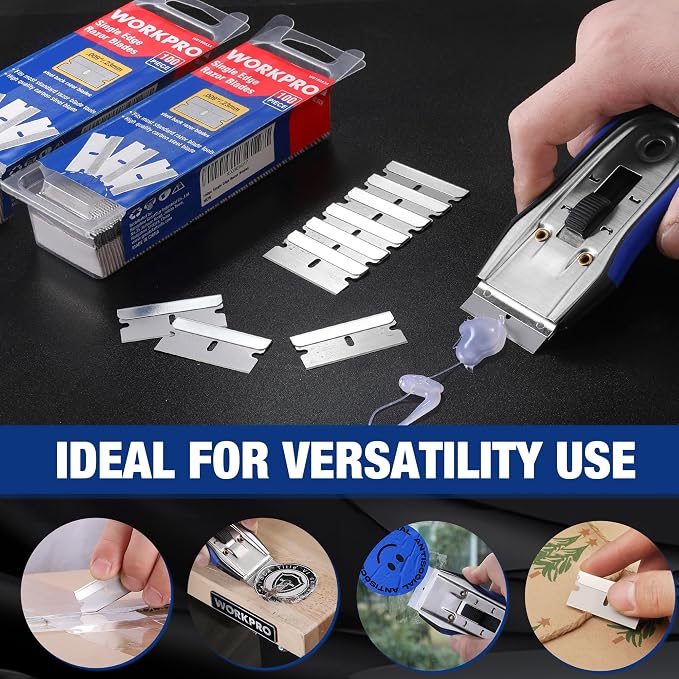 WORKPRO 1000-Pack Single Edge Razor Blades, Carbon Steel Scraper Blades | Industrial Grade, High Carbon Steel, Sharp Single Edge Blades for Scraping, Cutting Rope, Boxes & Stickers