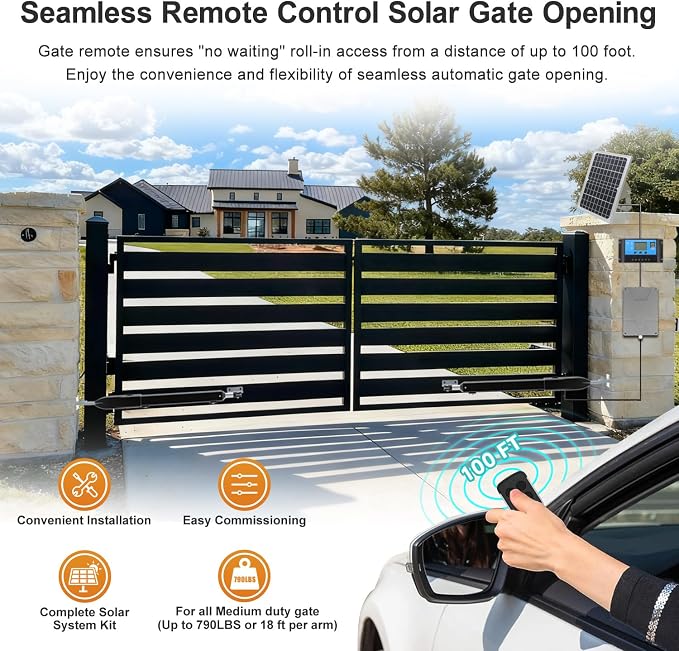 C025 Solar Gate Opener with Batteries & Solar Panel for Dual Swing Gates Up to 790lb 18FT per Arm Complete Automatic Gate Opener Kit with Remote Medium-Duty Electric Gate Opener Solar-Powered
