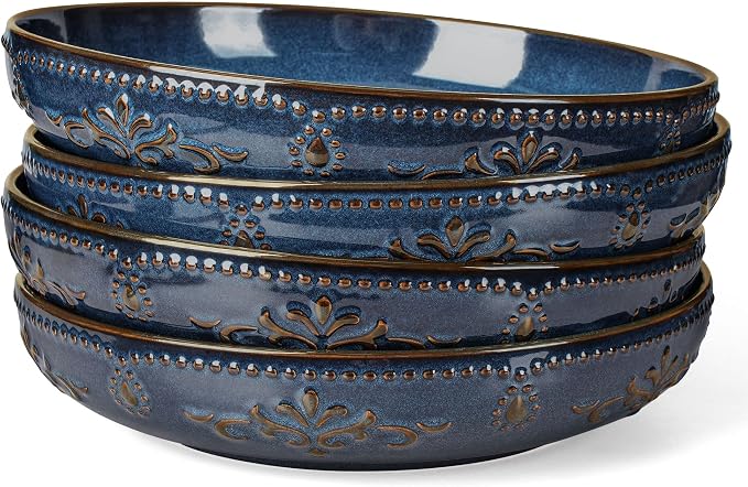 Artena Pasta Bowls, 50oz Large Salad Serving Bowls, 9.75'' Plates Bowl Set of 4, Big Ceramic Soup Bowl for Kitchen, Embossment Shallow Dinner Bowl, Microwave Dishwasher Safe, Damask Floral, Blue