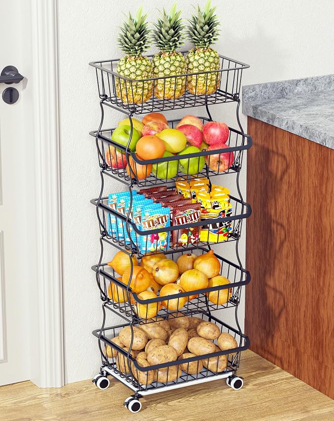 OKZEST 5 Tier Fruit Basket for Kitchen, Stackable Bins Wire Rack with Wheels, Fruit and Vegetable Storage Basket Pantry Food Snack Organizer Shelf, Kitchen Storage Cart for Onion and Potato, Produce