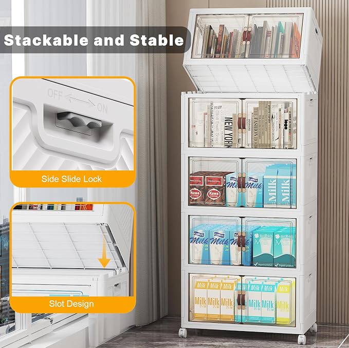 Stackable Storage Bins with Lid, 260QT Plastic Cabinet with Wheels | Large Capacity, Magnetic Door, Stack Lock, Rolling Wheels, Foldable Design, Organizers and Storage for Bedroom Dorm Garage