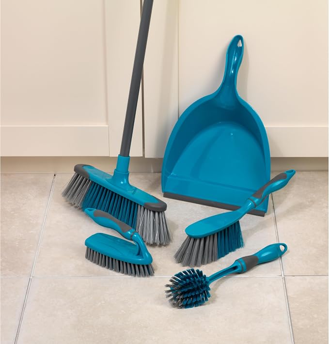 Beldray LA024152TQ Cleaning Bundle with Broom, Dustpan and Brush Set, Scrubbing Brush & Dish Brush, Long Handled Indoor Floor Sweeping, Washing Up Brushes, Bathroom/Tile/Grout Cleaner, Soft Grip, Blue
