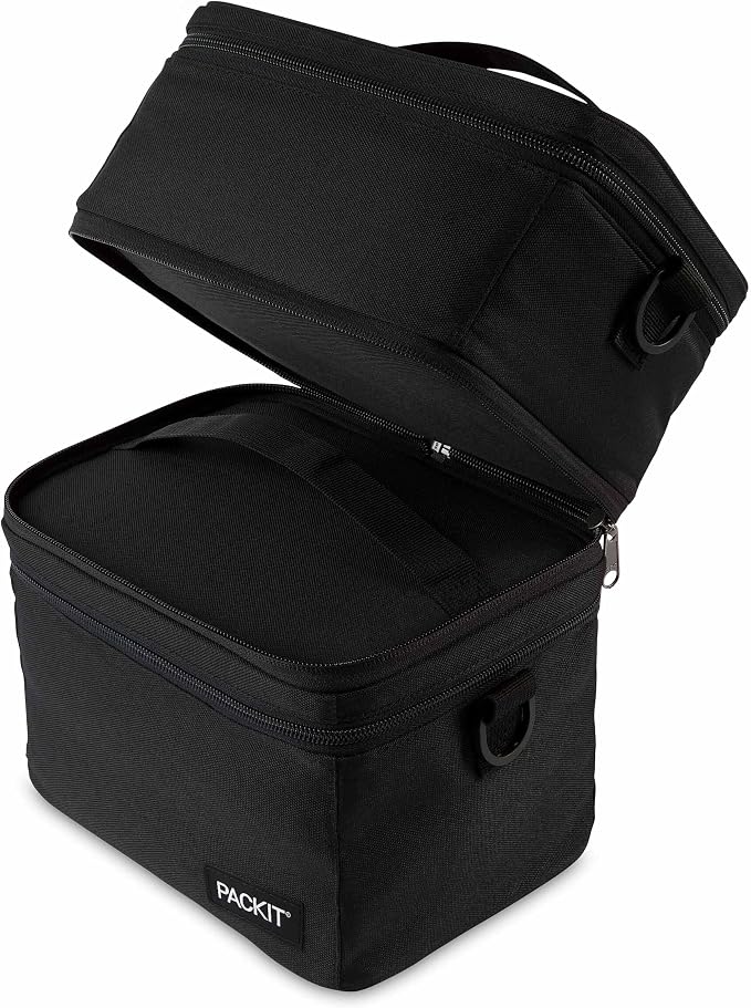 PackIt Mod 3-In-1 Lunch Box for Men and Women, Black with EcoFreeze Technology (Built-in Ice Packs), Removable Crossbody Strap, Designed for Outdoor, Work & Everyday Use