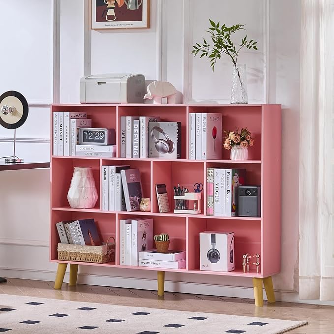 LEYAOYAO 10 Cube Bookshelf,Mid-Century Modern Bookcase with Legs,Light Pink | 3 Tier Book Shelf, 55" Wide Rustic Wood Bookshelves Large Storage Organizer, Open Shelves for Bedroom, Living Room, Office