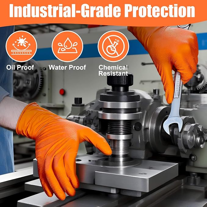 TREEGO 10 Mil Heavy Duty Orange Nitrile Mechanic Gloves, 100 Count M | Diamond Grip Rubber Gloves, Latex & Powder Free for Equipment Repair, Utility Maintenance, Tool Handling & Outdoor Work