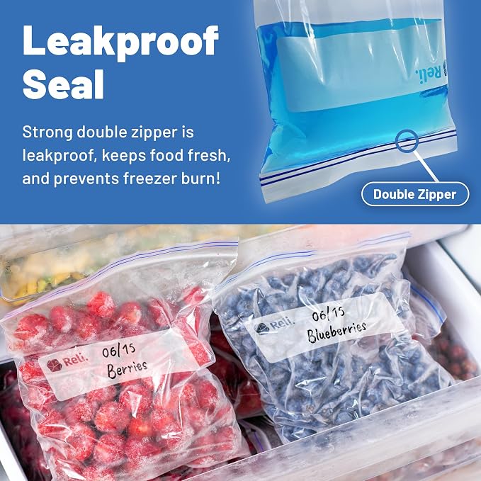 Reli. Gallon Freezer Bags (300 Count) 10.6x10.75 inch Freezer Bags 1 Gallon | Double Zipper Large Size | Press to Seal, Write on Label (1Gal)