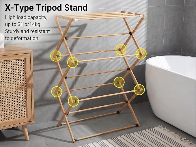 FJO Foldable Bamboo Clothes Drying Rack, 3-Tier Collapsible Laundry Clothes Hanger, Portable Wooden Drying Rack, Space Saving Indoor Outdoor, 28'' D x 15'' W x 39.3'' H, Beige