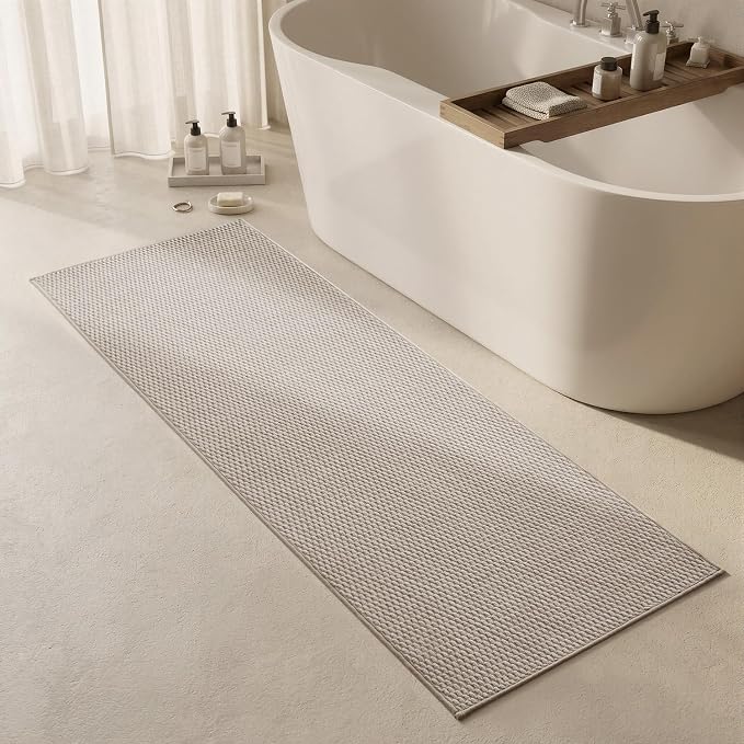 Triohero Bathroom Runner Rugs, Long Bath Mat Runner Washable Thin Quick Dry Low Pile Bathroom Runner Rugs Non Slip, Beige 24"x70"