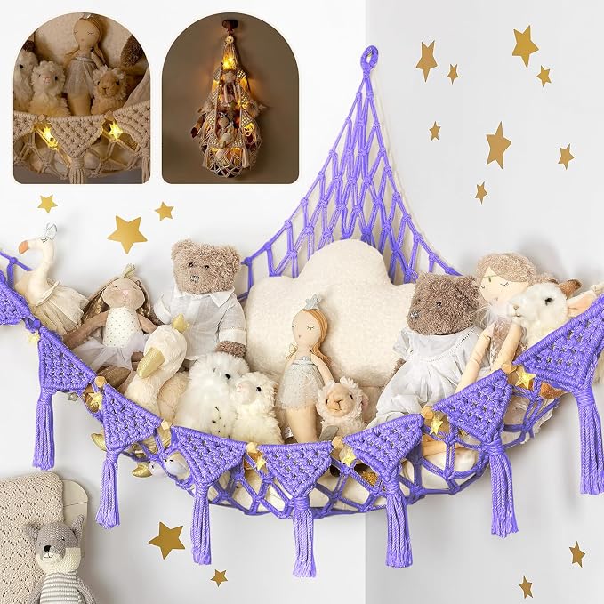 TIDYTEDS Macrame DreamLights Boho Stuffed Animal Storage Net Hammock Extra Large Plush Toy Storage Holder For Small Or Large Plushies PURPLE (Purple)