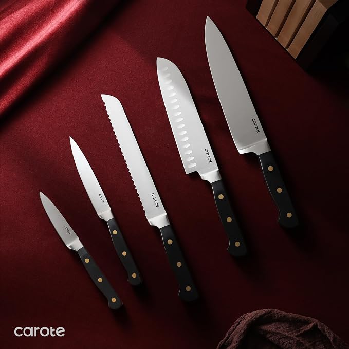 CAROTE 11 Pieces Knife Set with Block for kitchen, Stainless Steel Razor-Sharp Blade, Triple Riveted Ergonomic Handle, Wooden Magnetic Block, Essential Knife Block Set, Black