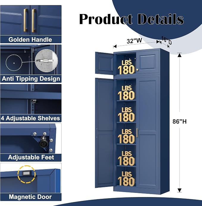 Steeloong 86"Metal Pantry Storage Cabinet with Doors & 4 Adjustable Shelves | Kitchen Pantry Cabinet,Blue Kitchen Cabinet with 4 Gold Handles,Tall Cabinet for Livingroom,Pantry, Bathroom,Kitchen,Garage