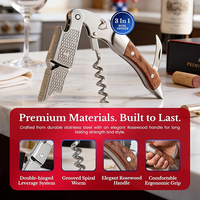 Patriotic Wine Bottle Opener Set: Professional Waiters Corkscrew Wine Opener & Wine Bottle Stopper - Double-Hinged Stainless Steel & Rosewood. 2-Piece Wine Accessories Gift Set