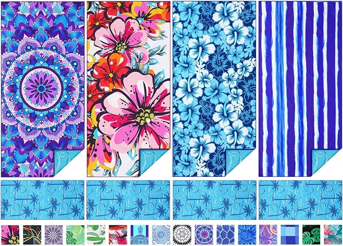 TwoYek Microfiber Beach Towels Extra Large 71x32 inches 4 Pack Bulk | Thin & Lightweight, Sand Free, Super Absorbent & Quick Dry, Oversized Towels for Beach Bath Pool Swim Travel Essentials Gift