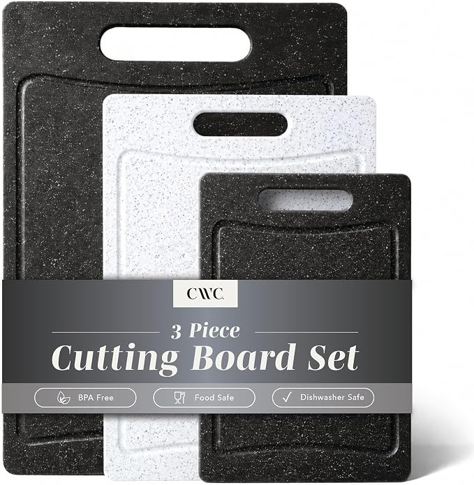 COOK WITH COLOR Non-Slip Cutting Board Set – Kitchen Essentials with Easy Grip Handle for Meat, Veggies, and Fruits, 3 Cutting Boards, Black/White