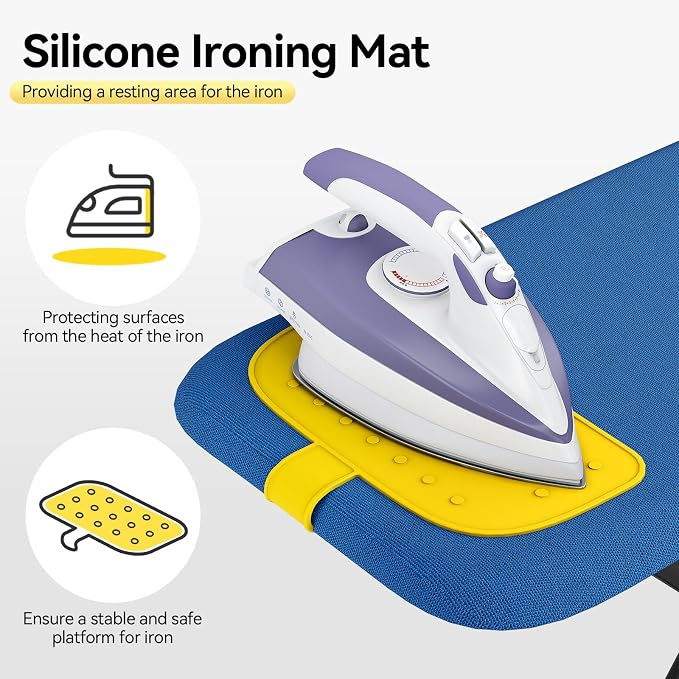Ironing Board Full Size, Iron Board with Silicon Rest, Foldable Ironing Boards Standard Size, Heavy Duty Iron Stand Boads, Ironing Table with 7 Height Adjustable Anti-Slip Feet, 13x43 Blue