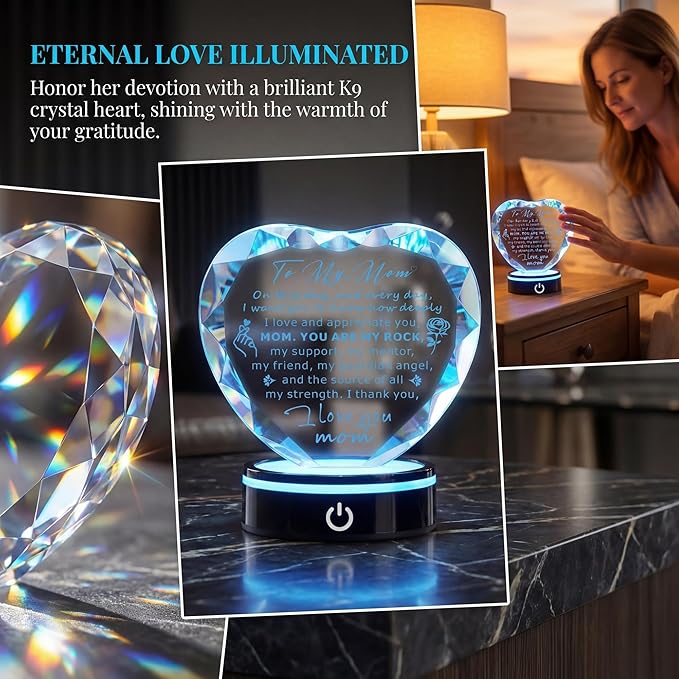 Gifts for Mom,Heart Crystal Keepsake Plaque with LED Base, Mother's Day, Birthday, Christmas, Thanksgiving, Engraved Mother Quote