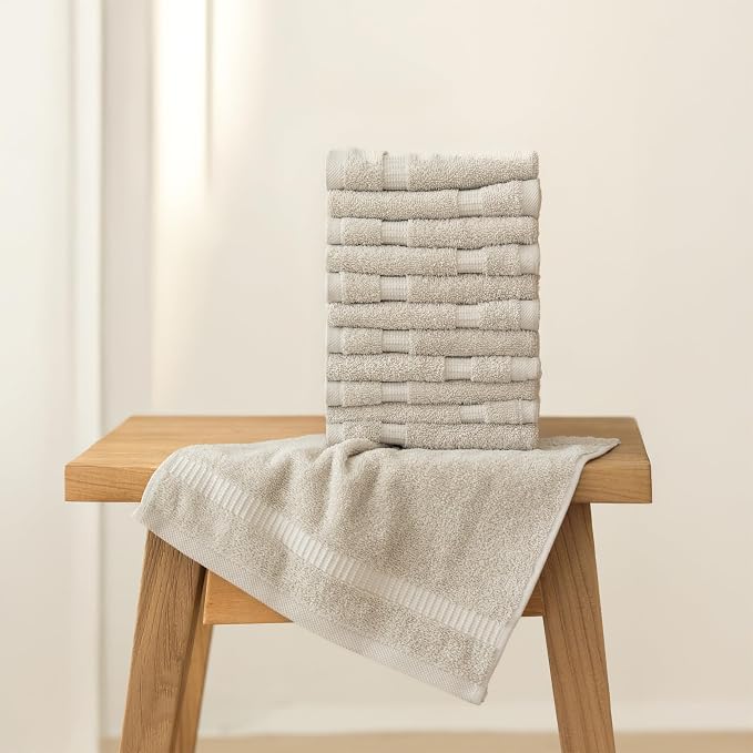 SALBAKOS 12-Piece 100% Turkish Cotton Washcloths and Face Towels, Stone | 13x13 in Standard Size Small Towel, Multi-use Bathroom & Kitchen, Thick Super Soft Absorbent Durable, Oeko-Tex Made in Turkey