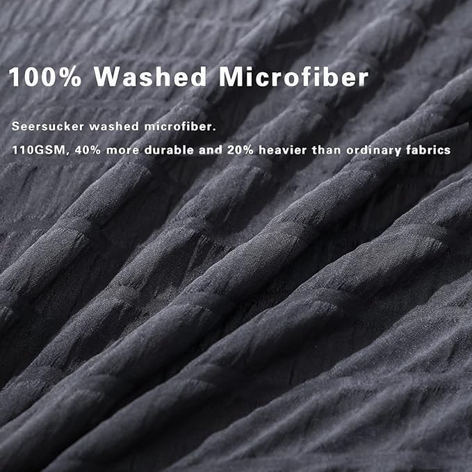 AveLom Seersucker Duvet Cover Set Queen Size (90 x 90 inches), 3 Pieces (1 Duvet Cover + 2 Pillow Cases), Black Ultra Soft Washed Microfiber, Textured Duvet Cover with Zipper Closure, Corner Ties