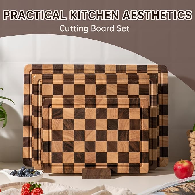 Checkered Cutting Board Set, Walnut Wood Cutting Boards for Kitchen | 3PCS Wooden Chopping Board with Juice Groove & Handles, Upgraded Decorative Serving Tray for Meat Vegetables Fruits with Box