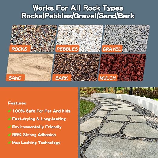 Rock Glue,2 Gallon 99% Stronger Bond Gravel Binder for Pea Gravel, Pebble&Stone-Stop Shifting, Reduce Mess, Strong Hold for Yards, Patios, Garden Walkways, Pet Safe Mulch Bond for Landscaping