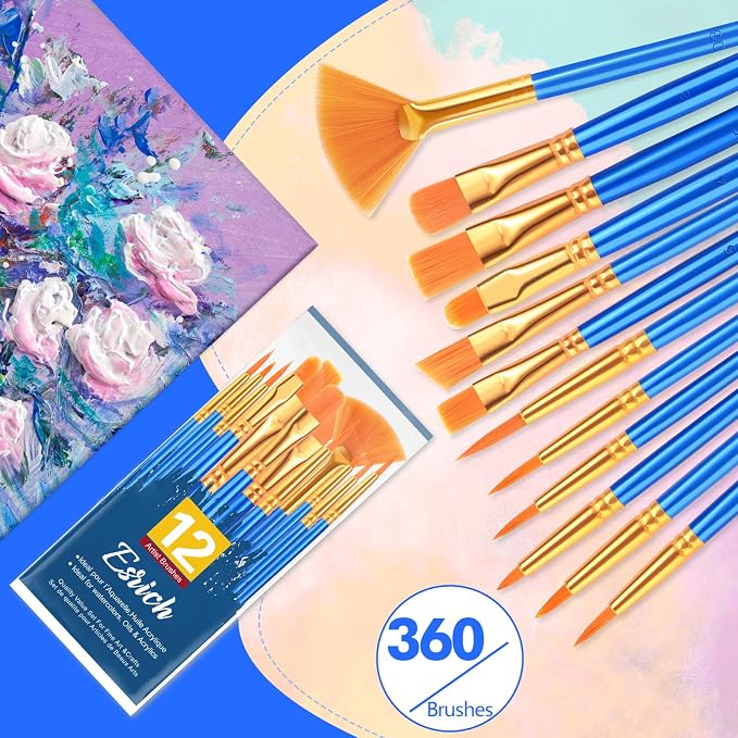 ESRICH Paint Brushes Set, 30 Pack/360 Pcs Nylon Hair Round-Pointed Tip Paint Brushes for Acrylic, Watercolor, Oil & Miniature Painting, Suitable for Kids & Adults