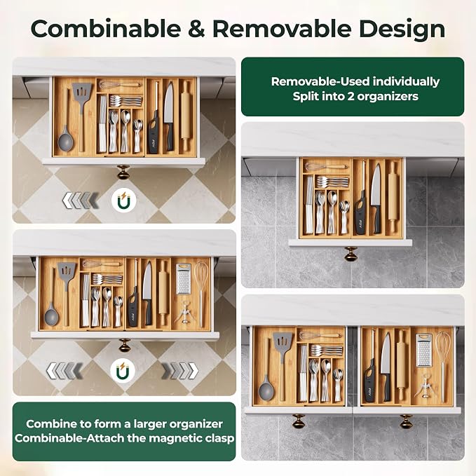 Large Silverware Organizer, 11 Slots Magnetic Connected Expandable Acacia Wood Utensil Drawer Organizer From 21 to 37.4 Inches, Adjustable Flatware and Cutlery Holder, Utensil Tray for Kitchen
