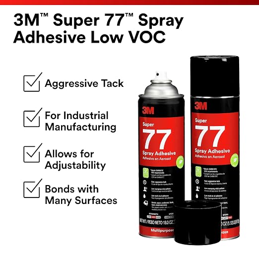 3M Super 77 Multipurpose Spray Adhesive, Low VOC, Bonds Paper, Corrugated Board, Fabric, Foam, Wood, Clear Glue, 24 floz (Net Wt 18.0 oz), 1 Can